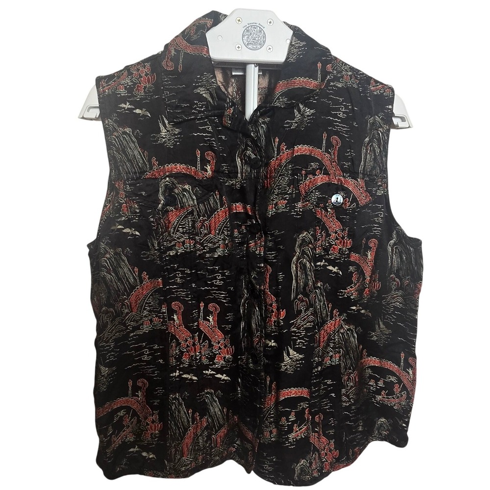 Chicos Size 2 (L/XL)Silk Blend Vest Black Asian Scenic Jacquard Art To Wear Boho - Picture 1 of 6